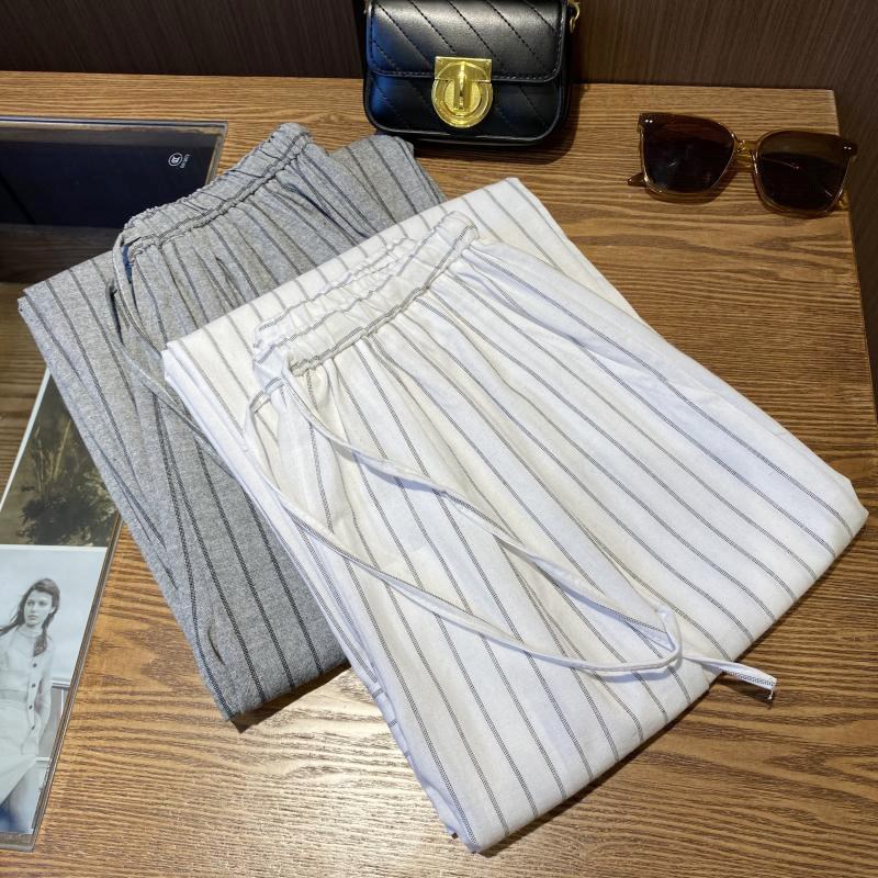 @时髦穿搭!韩系条纹裤女2025新款休闲高腰垂感百搭显瘦直筒长裤