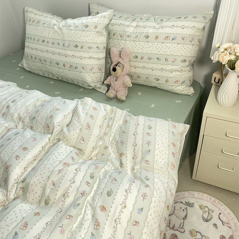 田园全棉四件套100纯棉碎花小兔被套床笠床单宿舍三件套床上用品4