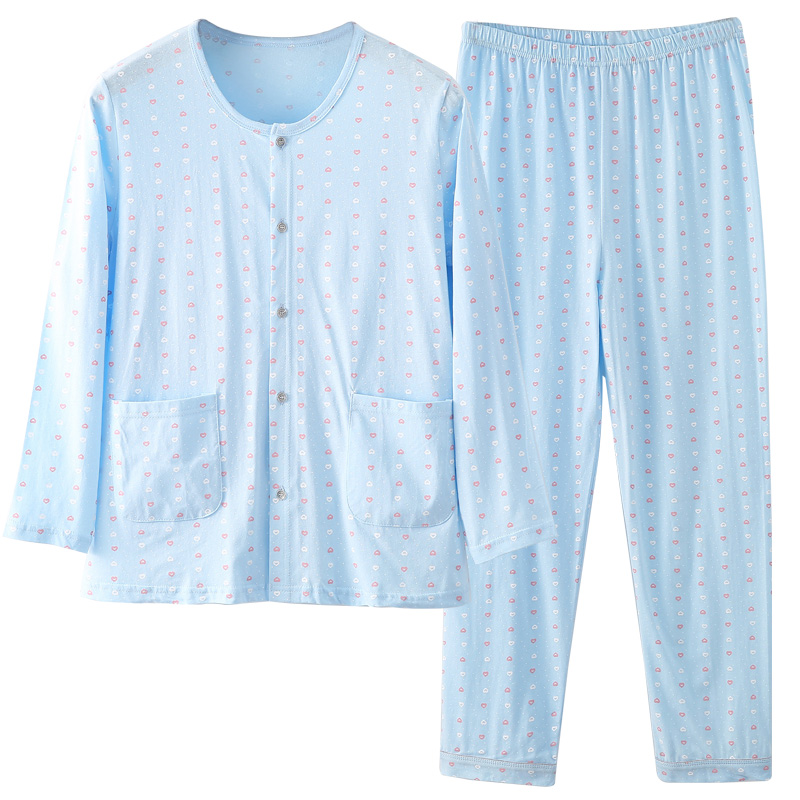 中老年妈妈夏季睡衣女纯棉长袖春秋款圆领开衫老人系扣家居服套装
