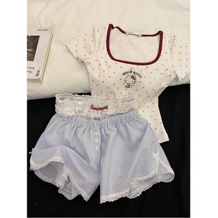 睡衣女士夏季 套装 新款 家居服大码 蕾丝条纹短裤 纯欲少女带胸垫短袖