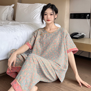 2024新款 棉纱家居服夏季 睡衣大码 纯棉九分裤 200斤新中式 国风女装