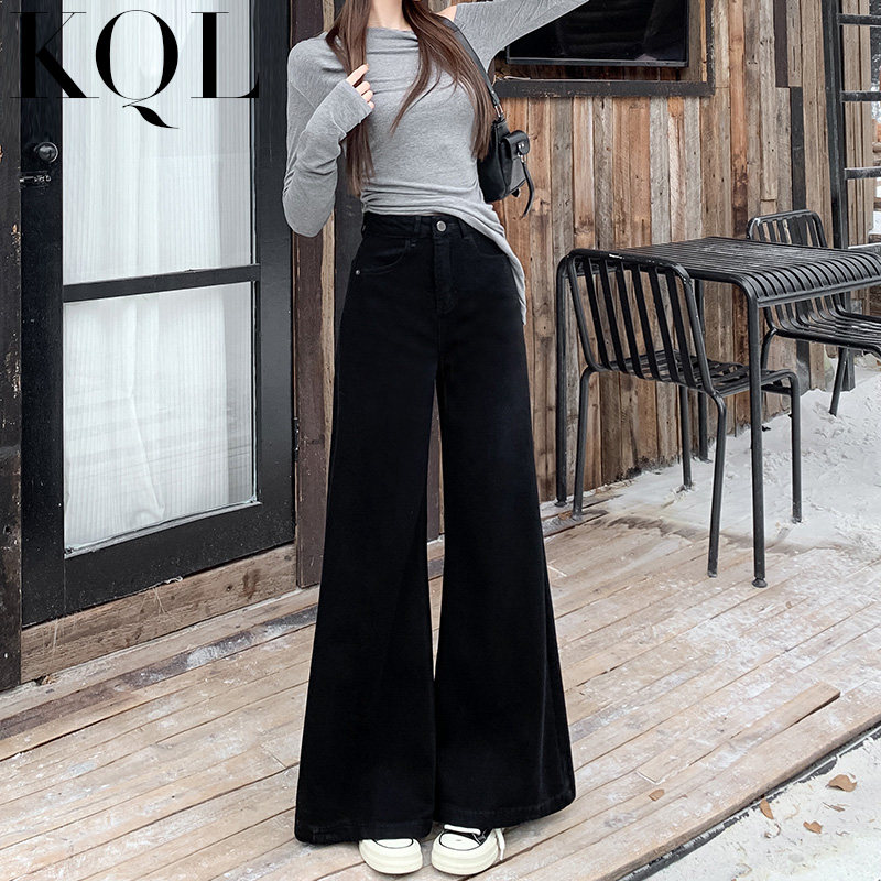 高腰微喇牛仔裤女秋冬季加绒款式显瘦阔腿喇叭裤垂感不贴腿拖地裤