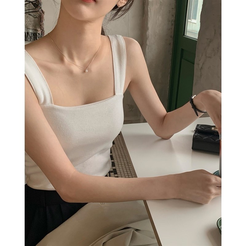 白色吊带背心女宽肩带2024年夏季新款纯棉内搭方领短款修身上衣