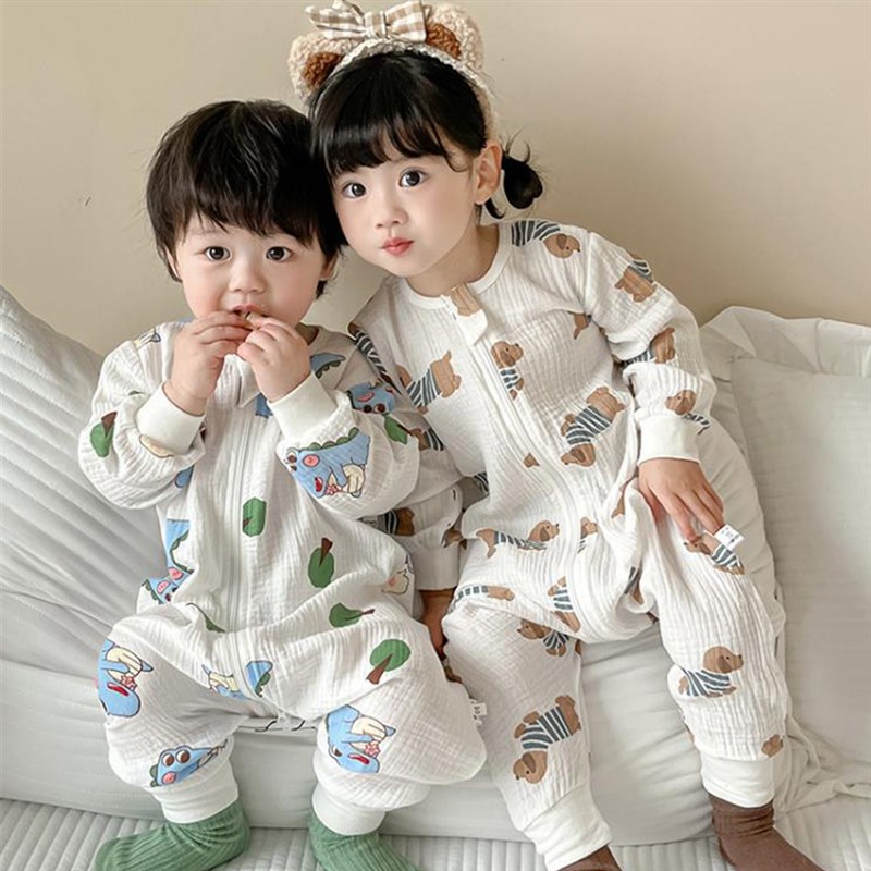 2024夏季长袖儿童连体衣薄款纱布睡袋男女宝宝纯棉透气爬服空调服