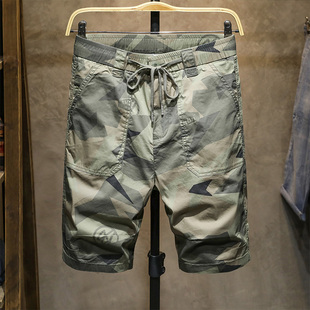 迷彩休闲裤 松紧腰2021年新款 男五分裤 印花图案个性 弹力 短裤 薄款