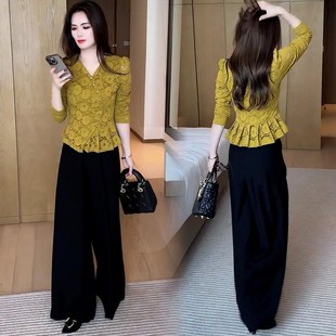 套装 阔腿裤 女2025春秋新款 镂空蕾丝衫 显瘦两件套 洋气减龄长袖 时尚