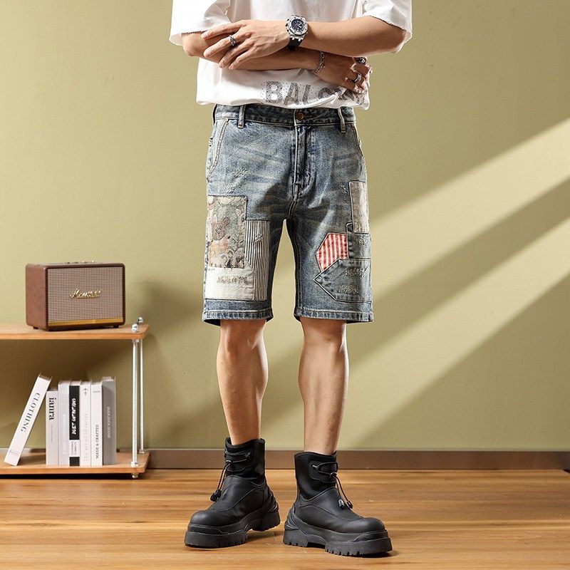 高端拼接牛仔短裤男宽松潮流印花工装休闲五分裤美式多口袋中裤子,男装,牛仔裤,淘宝优惠券,粉丝福利购,淘宝优惠卷