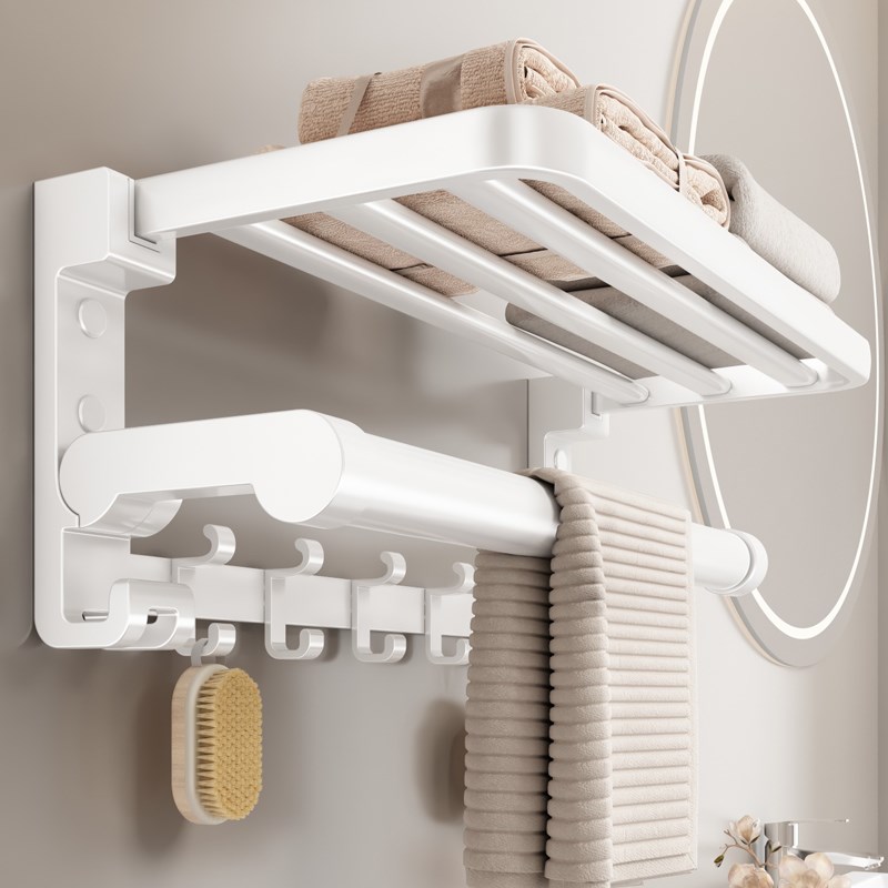 奶油色浴室毛巾架置物架免打孔浴巾卫生间收纳衣服壁挂厕所一体杆