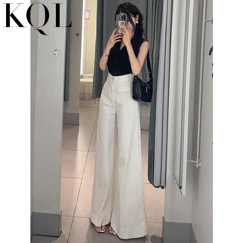 美式白色大喇叭牛仔裤女夏季高腰宽松显瘦水洗垂感阔腿拖地长裤子