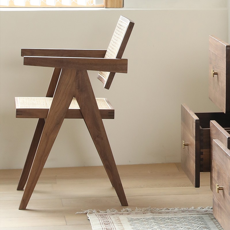 复古藤编单人实木餐椅北欧阳台藤椅休闲椅北美黑胡桃木沙发椅书椅