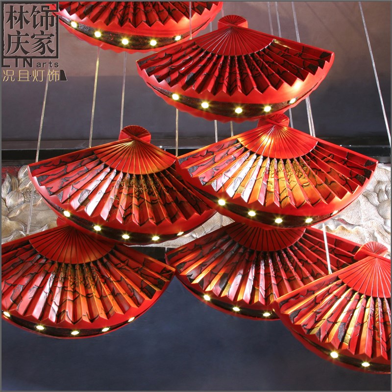 新中式扇子灯中国风禅意客厅牡丹折扇餐厅灯复式楼梯别墅艺术吊灯