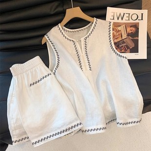两件套 高级简约百搭休闲背心短裤 老钱风撞色刺绣亚麻套装 女童夏季