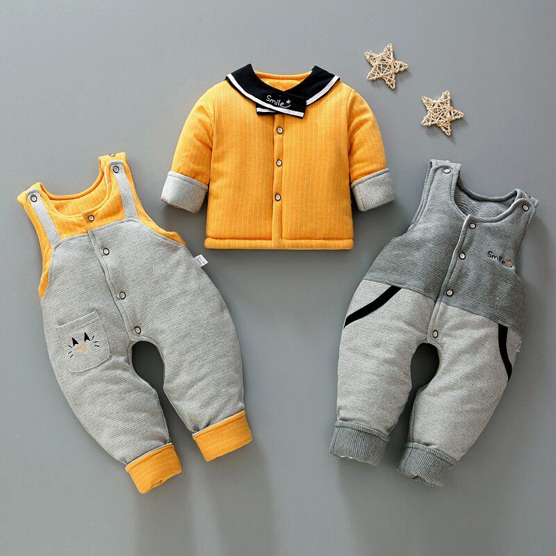 冬季男女宝宝双背带裤三件套冬款加厚婴幼儿棉服套装新生儿棉衣服