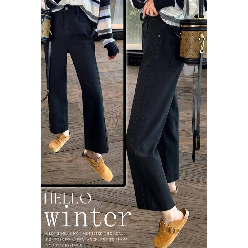 加绒黑色直筒牛仔裤女秋冬新款大码胖mm显瘦梨形身材宽松阔腿裤子