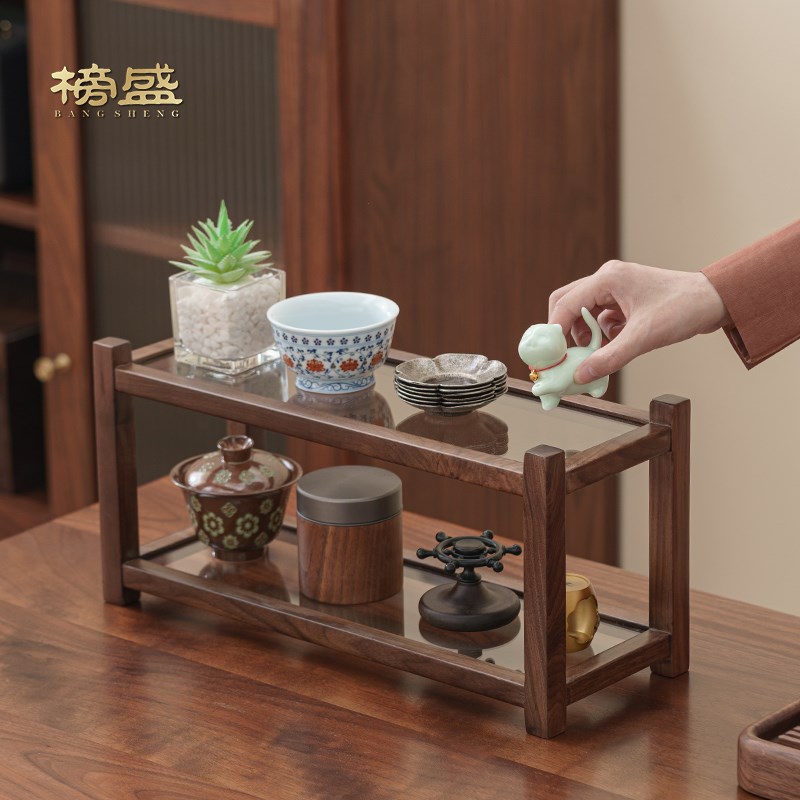 黑胡桃玻璃置物架桌面小型茶台实木茶具茶壶茶杯茶道Y零配收纳层