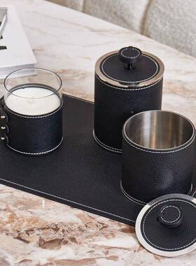 现代样简薰皮革金属托LLF盘储物罐香组合摆件客厅餐厅板间酒约店