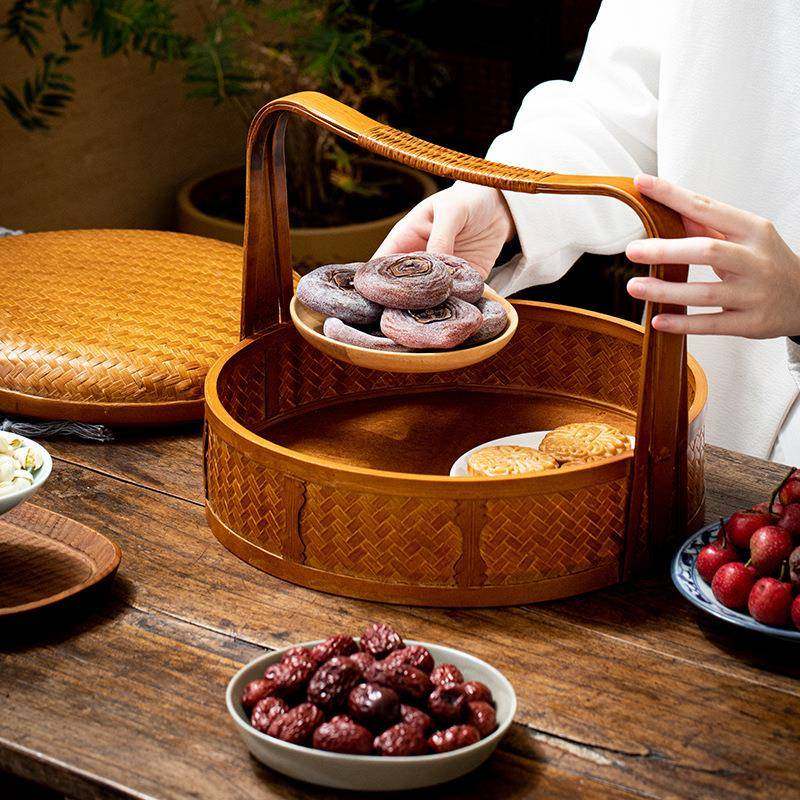 古竹编食盒多层提篮茶具收纳盒288提手仿古复礼品分食盒带盖盒提,收纳整理,脏衣篮,淘宝优惠券,粉丝福利购,淘宝优惠卷
