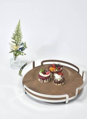 不锈WVC钢盘面皮革托盘轻饰奢高档蛋糕餐盘首圆形下午镜茶收纳置