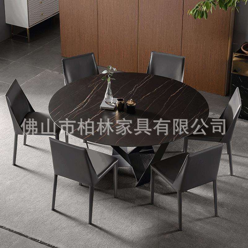 岩板圆形餐桌小户型极简轻奢餐桌椅组合家用带转盘餐桌简约圆桌