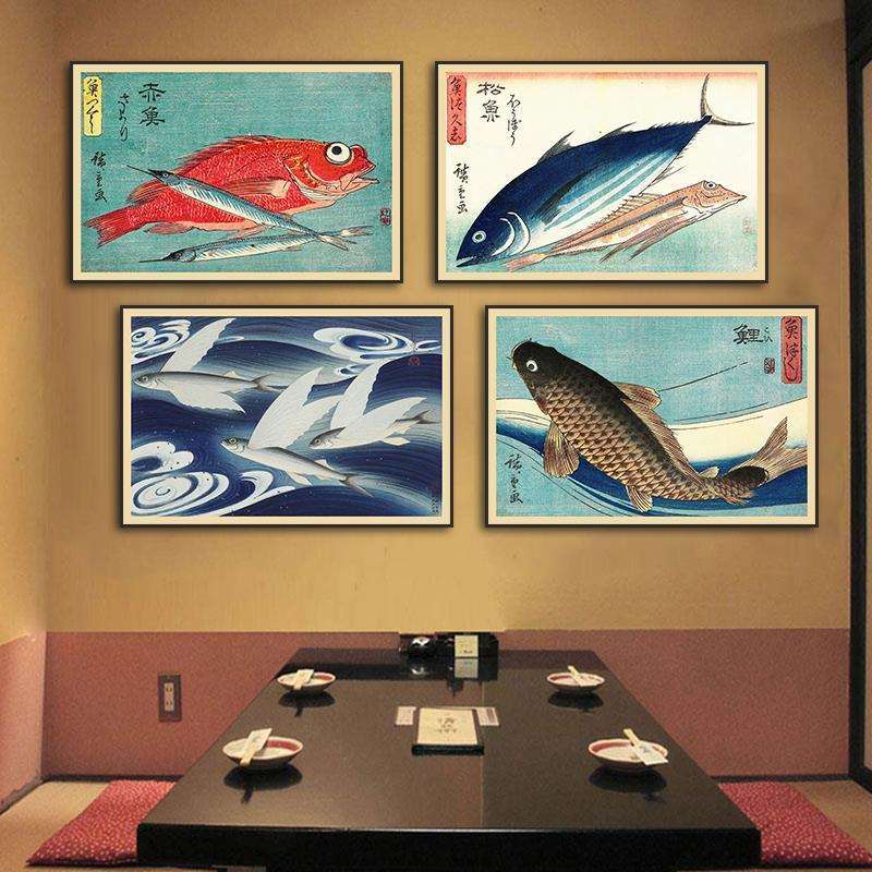 寿司店挂画日式餐厅日料店刺身海鲜店居酒屋装饰画浮世绘复古壁画