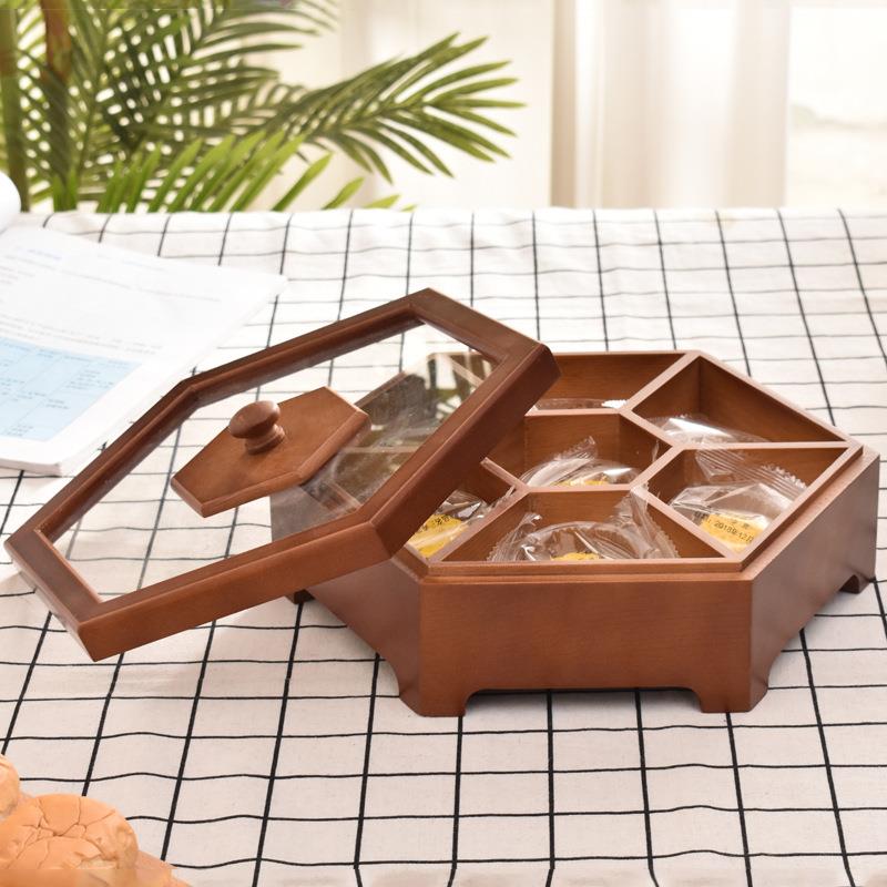 实木坚果盘客厅干果收纳盒喜糖结婚瓜子果盒木质分格带盖创意中式