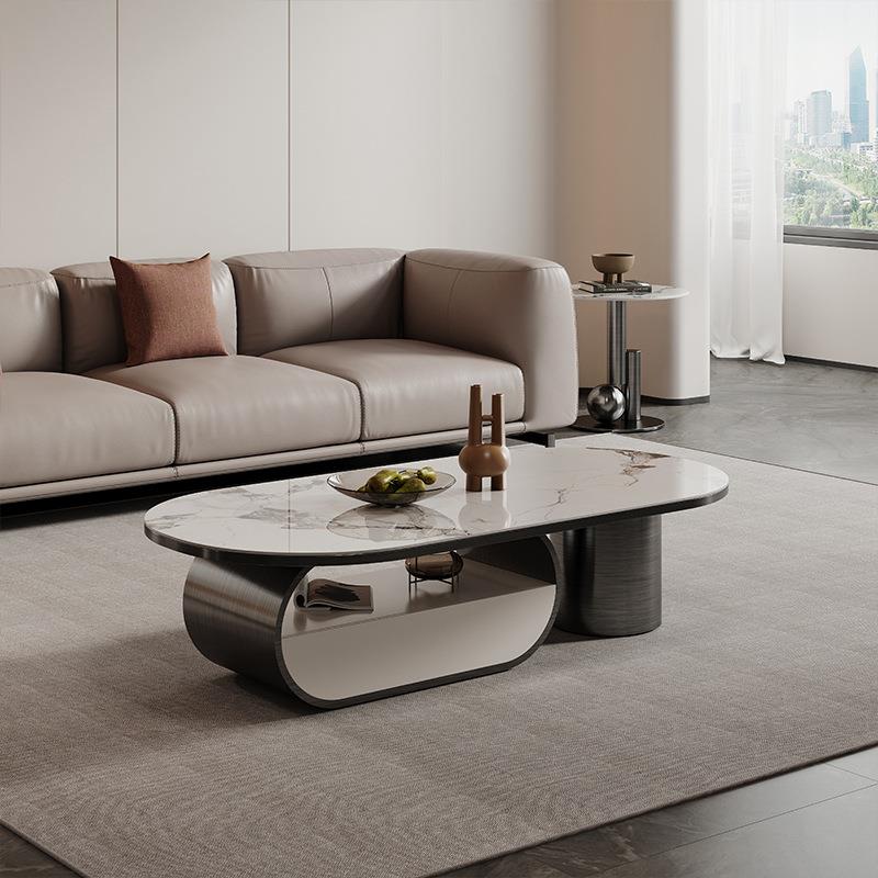 意式轻奢椭圆岩板茶几现代简约带抽屉创意大小户型客厅家用茶几桌