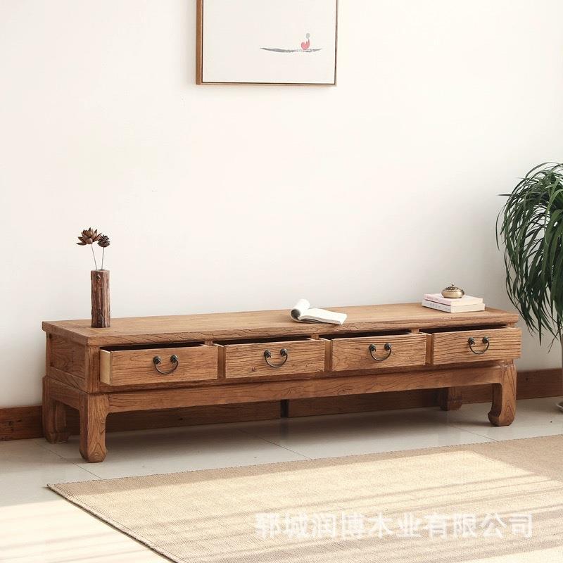 老榆木电视柜边柜地台卧室储物柜客厅收纳柜新中式实木靠墙落地柜
