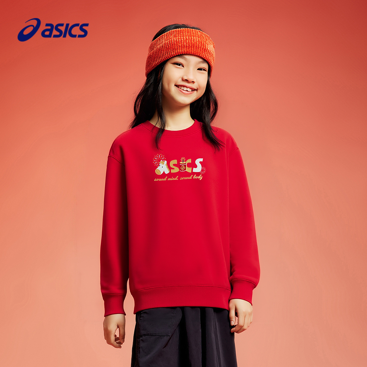 亚瑟士儿童卫衣新年红色上衣t恤