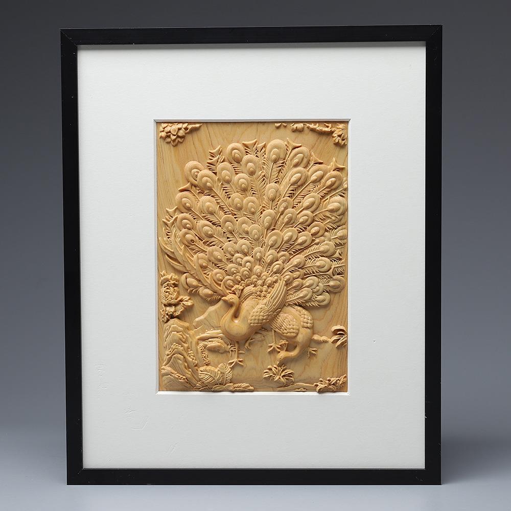 崖柏新中式孔雀开屏挂画客厅玄关装饰画浮雕画现代壁画餐厅工艺品