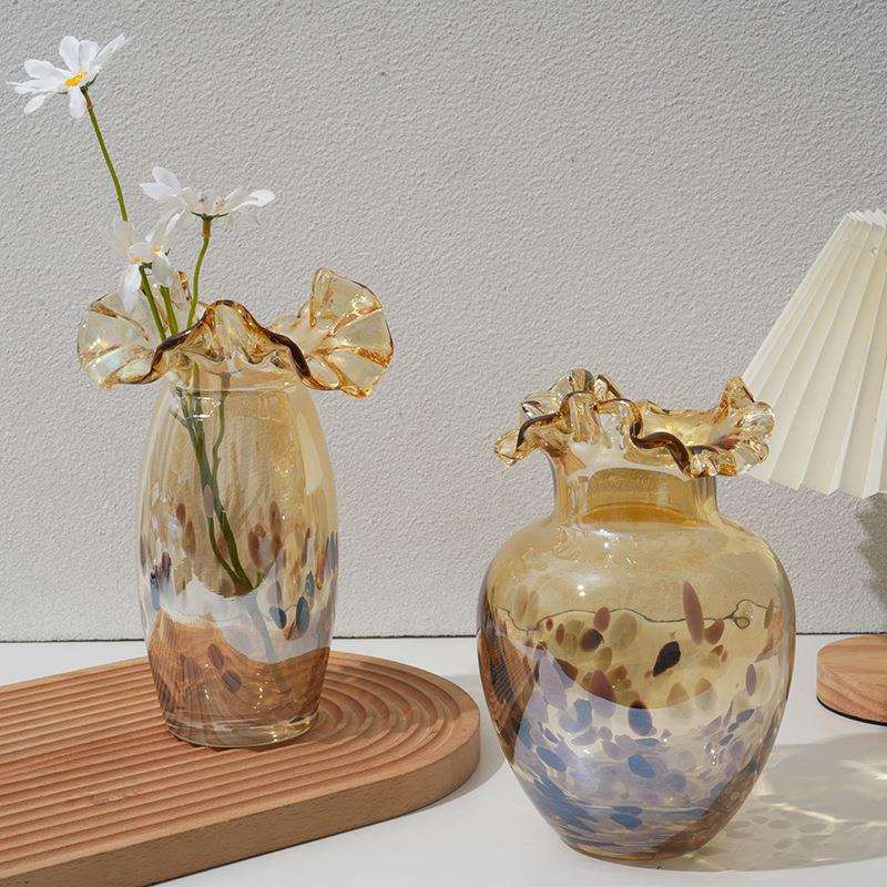 高档手工玻璃花瓶复古风金色水培花插桌面茶几博古架家居软装饰品