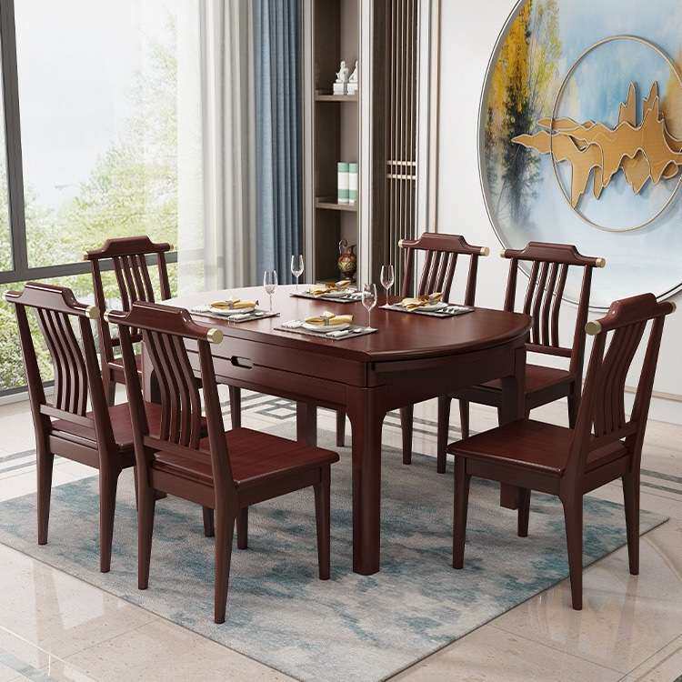 轻奢新中式全实木餐桌椅组合 可伸缩折叠圆形饭桌小户型可变圆桌