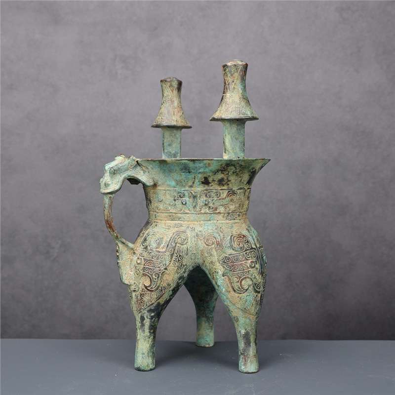 铜祥德博物馆古青铜器西周兽面纹斝摆件装饰品古玩酒器斝酒壶摆件