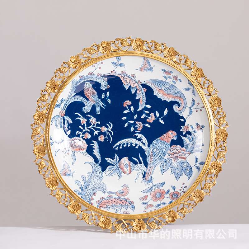 欧式青花蝴蝶挂盘纯铜花边居家客厅墙壁样板房摆件饰品工艺品