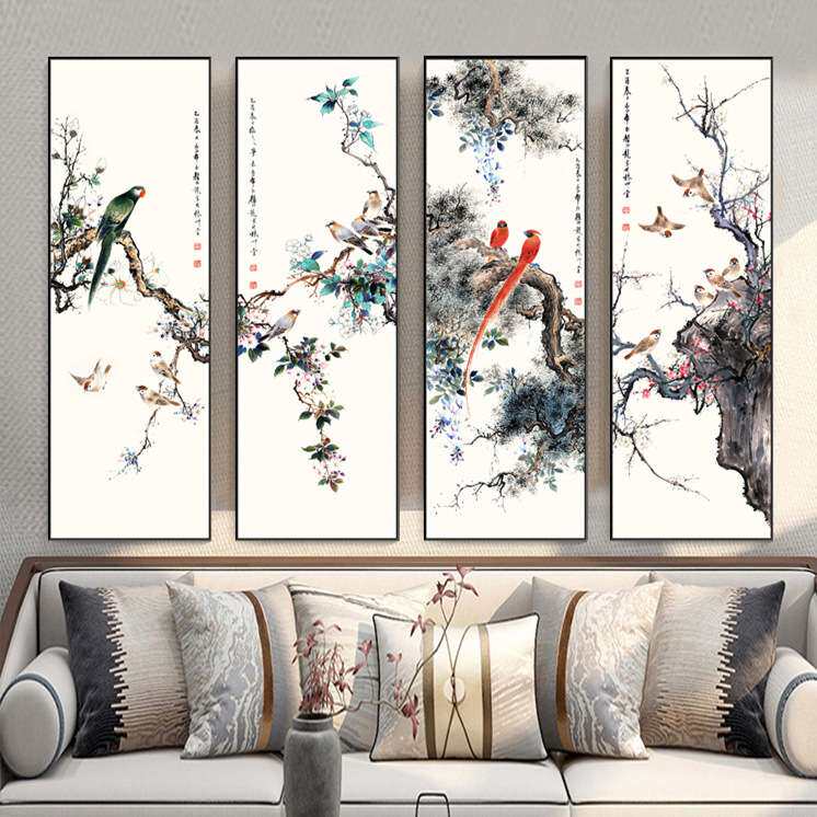 花鸟装饰画新中式书房茶室客厅沙发背景玄关挂画竖幅四条屏壁画