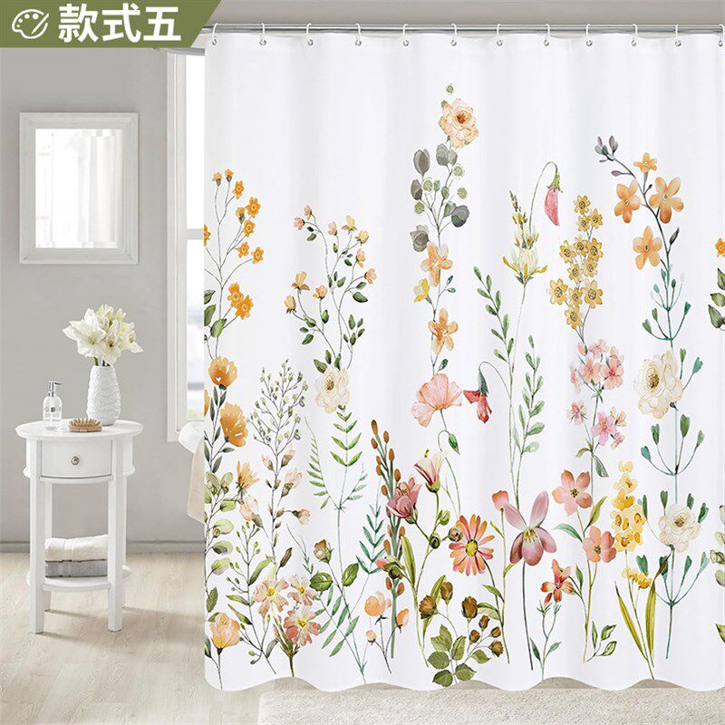 货源 数码印花涤纶浴帘现代极简水彩花卉浴室帘子防水布浴帘