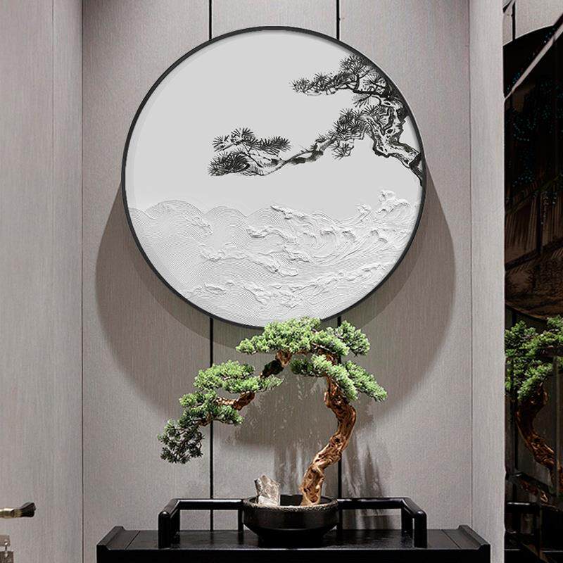 新中式客厅装饰画圆形led灯玄关走廊挂画迎客松油画立体浮雕海浪