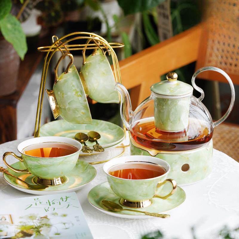 英式下午茶具轻奢大理石纹咖啡杯碟蜡烛加热花茶壶花茶杯套装