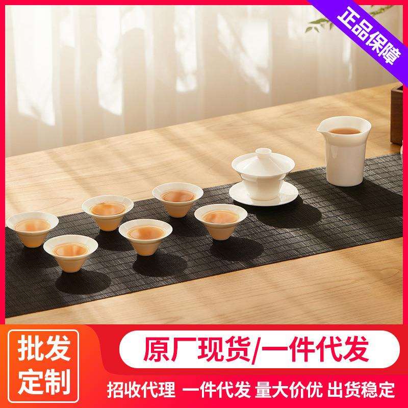 鸣盏MZ8010羊脂玉瓷茶具八件套套装家用办公白瓷茶壶盖碗套装