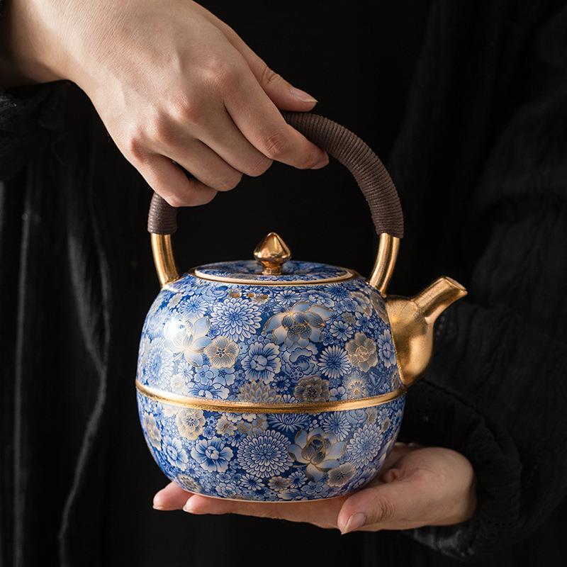 几欢 繁花文创 鸣泉陶壶苏打釉鎏金烧水煮茶壶电陶炉煮茶器提梁壶