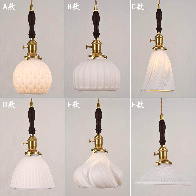 全铜餐吊灯陶瓷灯罩实木胡桃单吊搭配餐厅床头灯百褶灯带开关软装