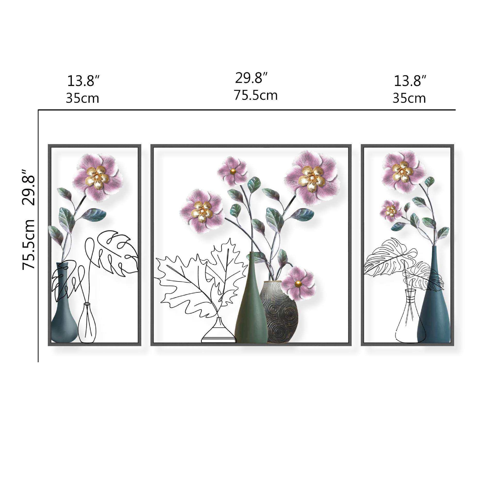 新中式花朵轻奢铁艺镂空时尚三联客厅墙面装饰画金属工艺壁饰挂件