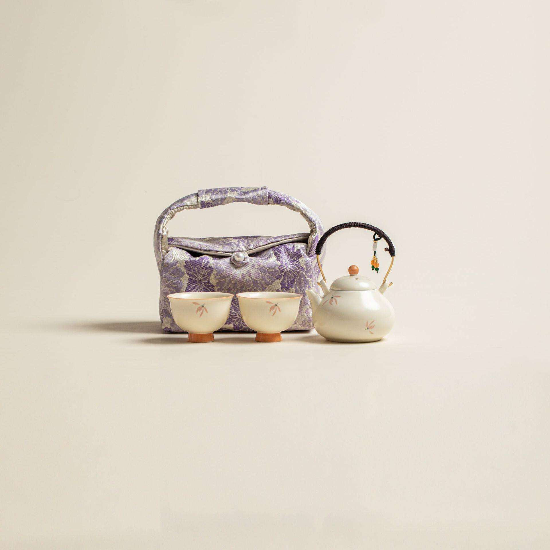 兰花风铃小提梁壶带两杯陶瓷茶具套装户外便携一壶二杯旅行快客杯