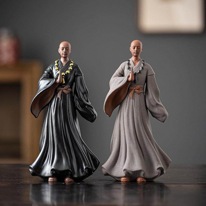 陶瓷小和尚禅意摆件新中式家居客厅茶室桌面装饰鱼缸假山造景