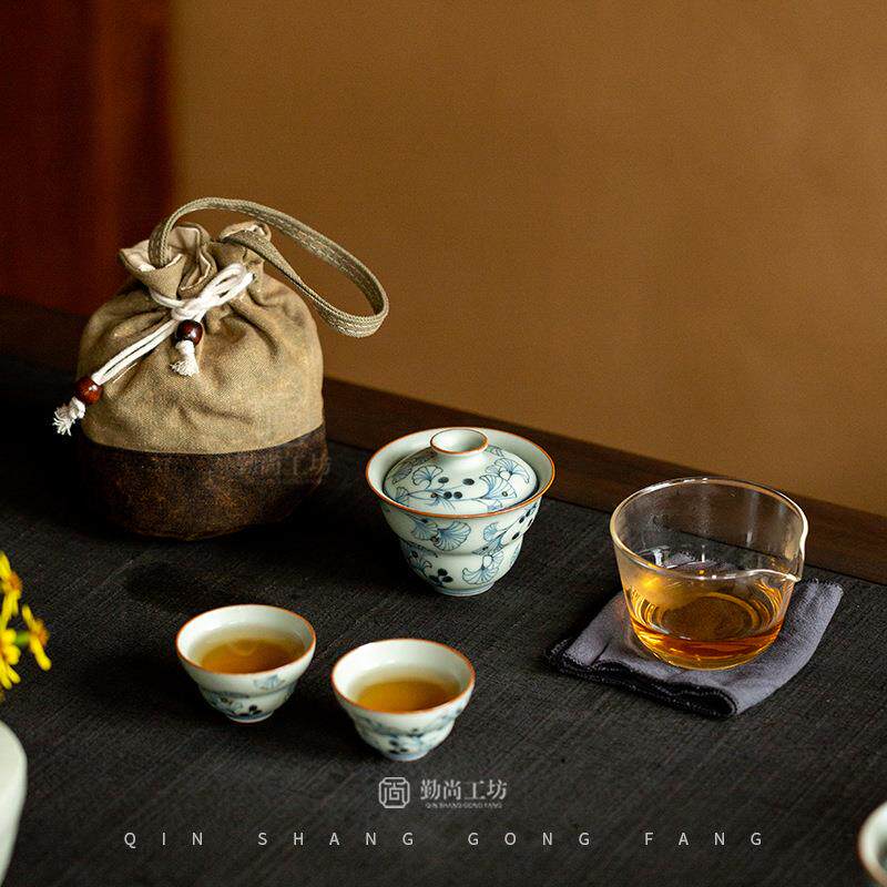 仿古青花汝窑一壶两杯快客杯小套组户外旅行便携陶瓷旅行茶具套装