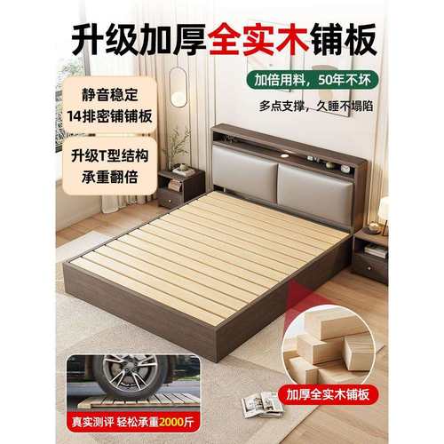 实木床1米8双人床1米2单人床架简约成人家用1米5的床出租房用大床