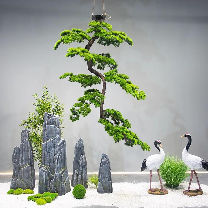 迎客松真松树吊挂式假树造景倒挂新中式绿植装饰摆件大型悬挂式