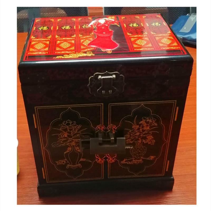 彩绘漆器礼箱盒木质2门抽屉大号首饰箱 贴金漆器堆股工艺收纳箱盒
