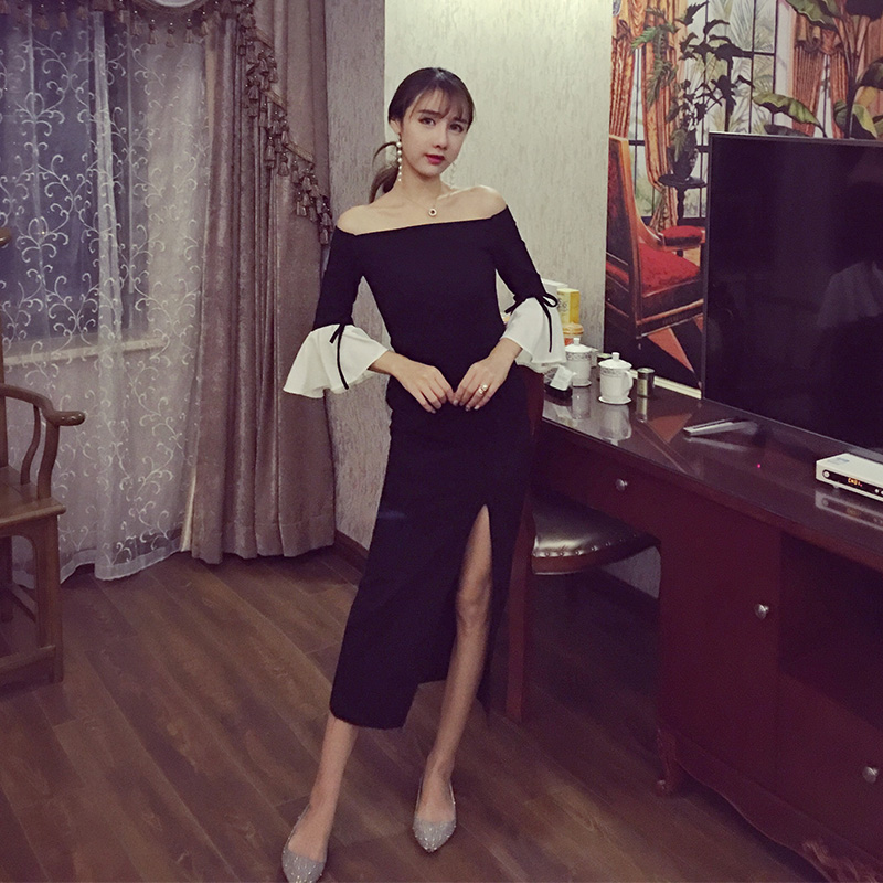 2019早秋新款名媛气质性感一字肩连衣裙女修身赫本风礼服小黑裙潮满238.00元可用109元优惠券