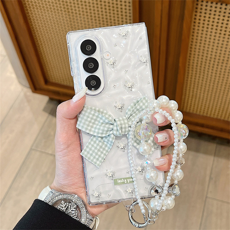 适用三星Galaxy Z Fold7手机壳新款透明水波纹小白花ZFold6折叠屏硬壳全包防摔高级感格子蝴蝶结手链女保护套