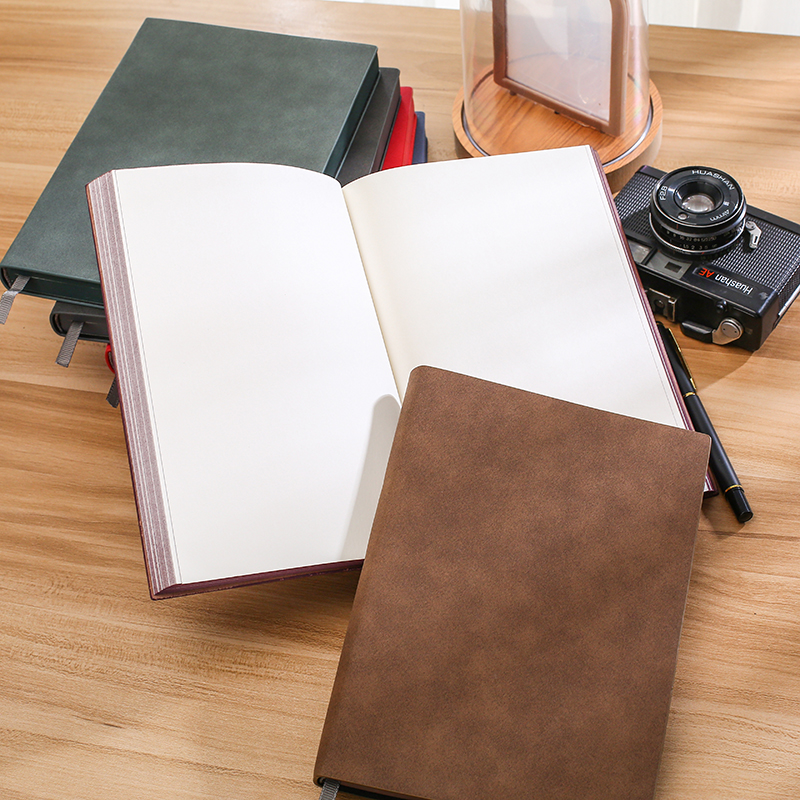 京屿 空白笔记本子无格子插画白纸日记本文艺精致大学生超厚简约加厚记事本定制软皮质复古绘画手绘